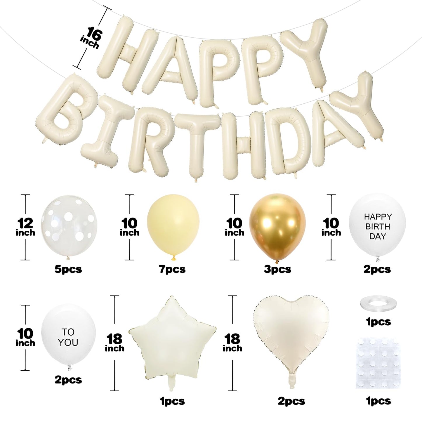 Pastel Yellow Birthday Decorations,Happy Birthday Banner with Heart Star Foil Balloons,Macaron Yellow Gold Sand White Clear Printed Balloons for Men Women Birthday Party Decor