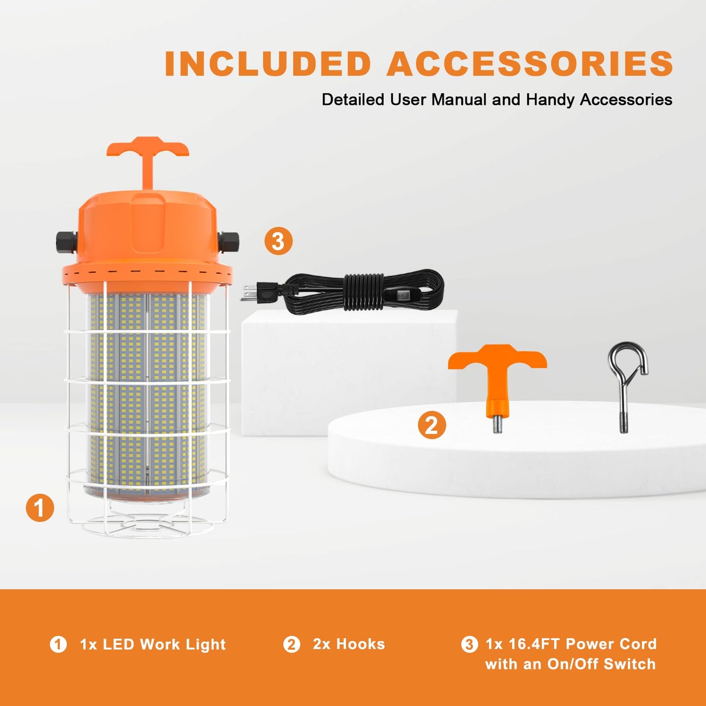 NS LED Temporary Work Light 400W 60000 LM, 5000K Daylight with 16-ft Cord & Hook, Waterproof, Orange - 26-Year Lifespan, 5-Yr Warranty, Chainable up to 20 (1-Pack) Construction JobSite Warehouse