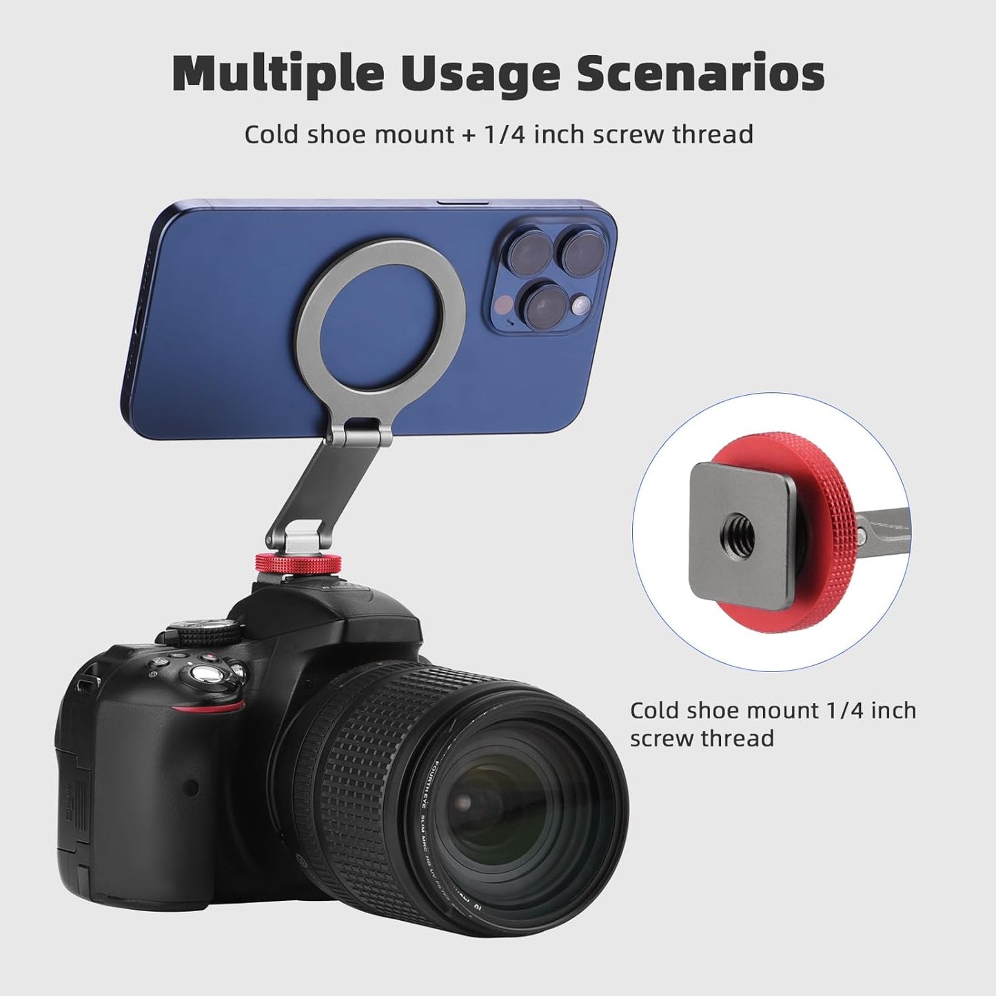 BRDRC 1/4" Cold Shoe Phone Mount Holder, Tripod Mount for iPhone Magsafe Magnetic Hot Shoe Camera Adapter with Screw