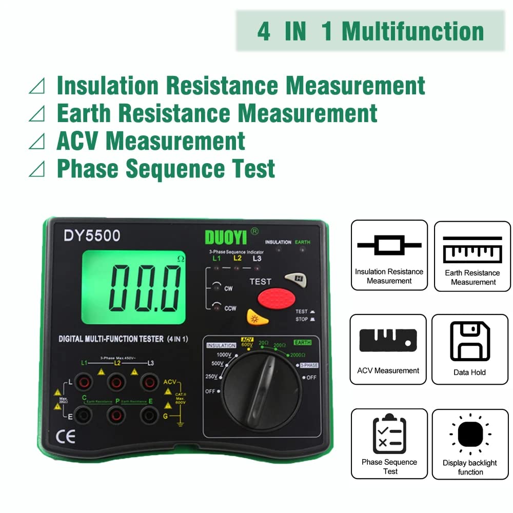 HOJILA DY5500 4 in1 Multimeter Earth Ground Resistance Tester Meter Insulation Tester Voltmeter Phase Indicator