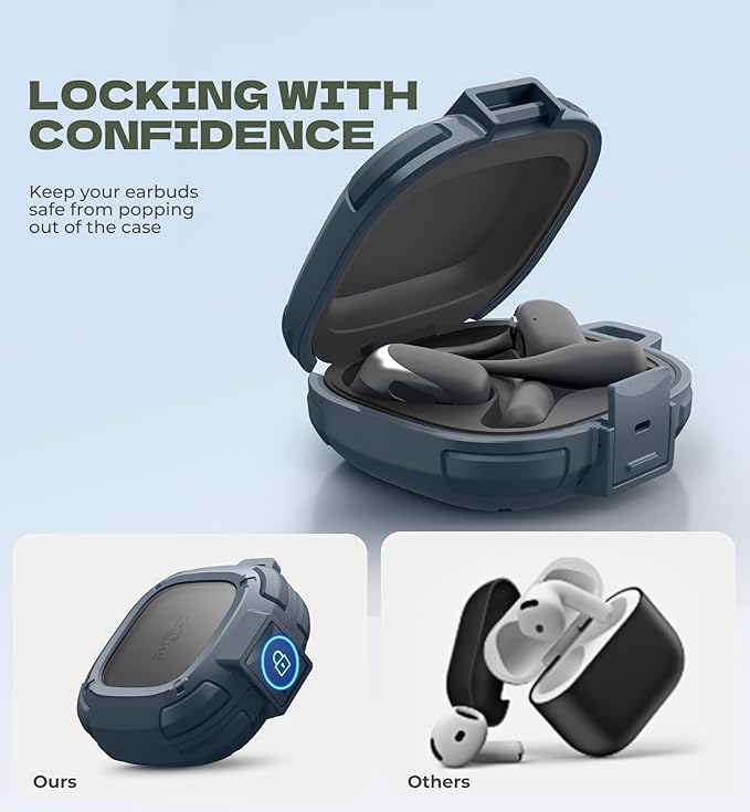 Dexnor for Shokz OpenFit 2 Case with Drop-Proof Lock, Shockproof Rugged Bumper Cases Protective Cover with Carabiner & Keyring & Cleaner Kit for Shokz OpenFit 2 (2025) Blue