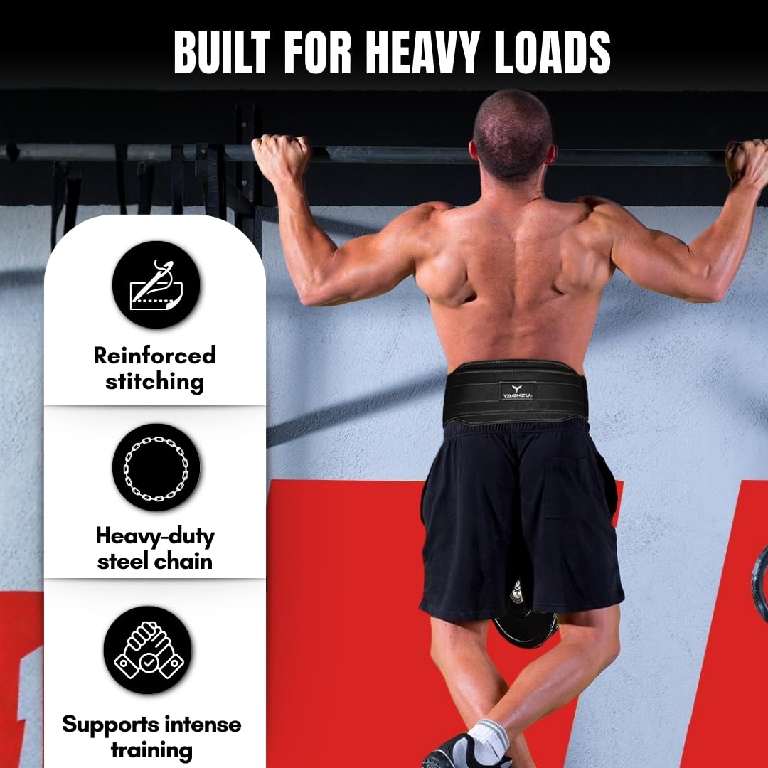 YAGHZU Dip Belt with Chain – Weighted Pull Up Belt, Dip Weight Belt, Weightlifting Belt for Pullups, Squats, and Dips, Belt Squat Attachment Ideal Weight Belt for Pullups, Weightlifting, and Gym Workouts (Black)