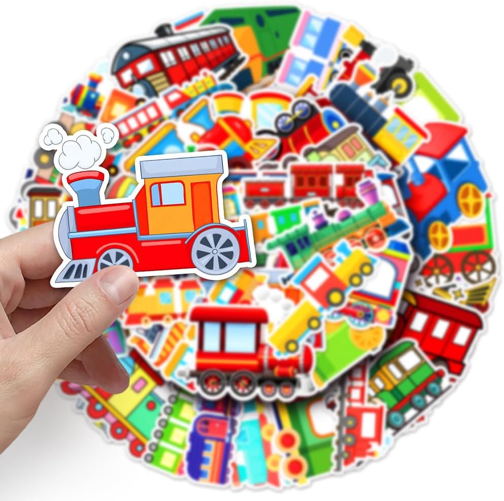 Mekycro Pack 50 Set Train Stickers PCS, Cute Cartoon Waterproof Vinyl Die-Cut Train Sticker for Water Bottles Laptop