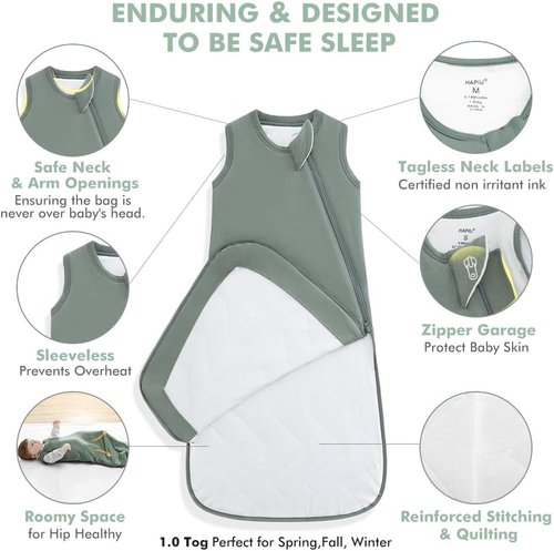 HAPIU Baby Sleep Sack - Unisex Bamboo Rayon, TOG 1.0, 2-Way Premium Zipper Wearable Blanket