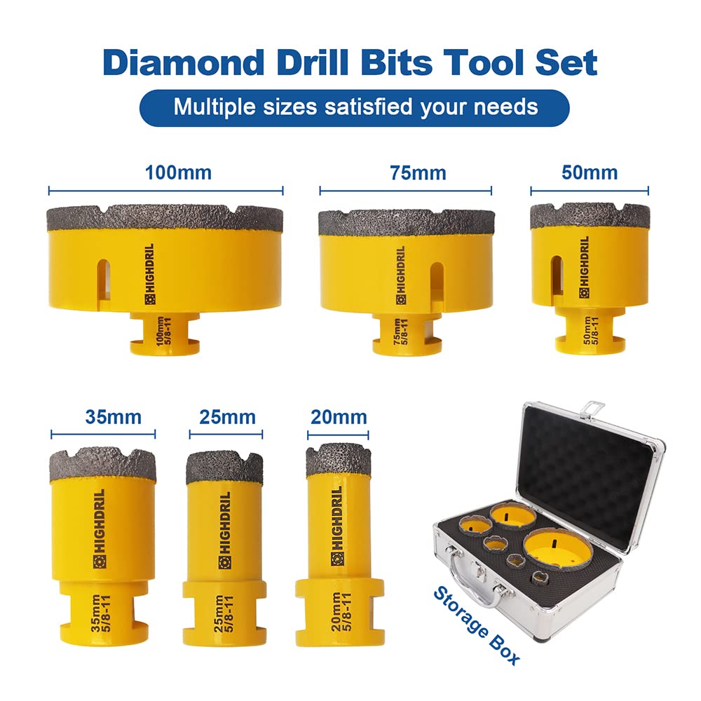 HIGHDRIL Diamond Drill bits kit with 5/8-11 Vacuum Brazed Hole Saw(20/25/35/50/75/100mm) &Diamond Beveling Chamfer Bits 2" for Existing Hole Trimming Finishing Cleaning Enlarging Marble Porcelain Tile