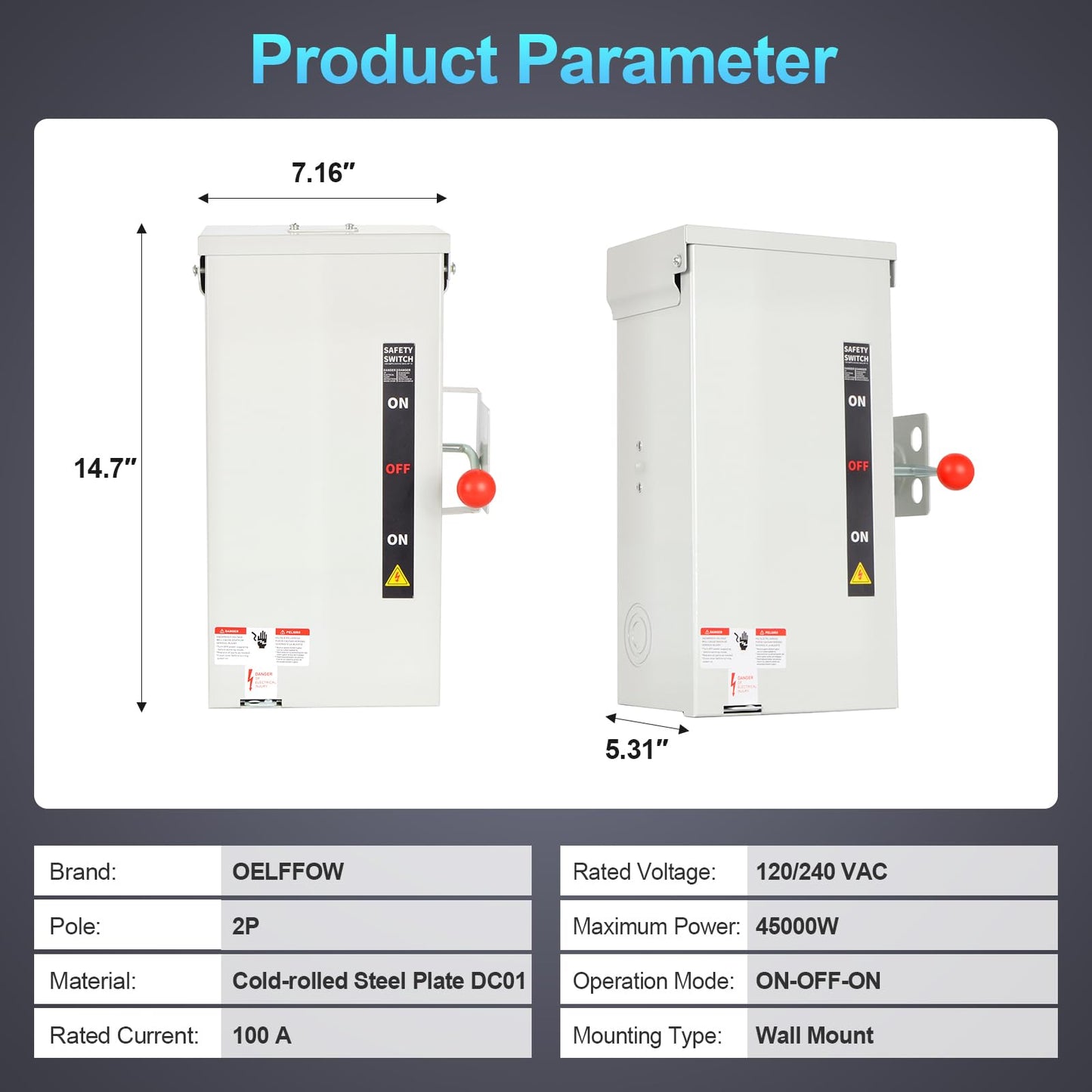 100A Generator Transfer Switch, 12000/24000/45000W General-Duty Double-Throw Safety Switch, 120/240/450V Manual Transfer Switch with Arc Extinguishing Cover, NEMA 3R Standards for Indoor/Outdoor Use