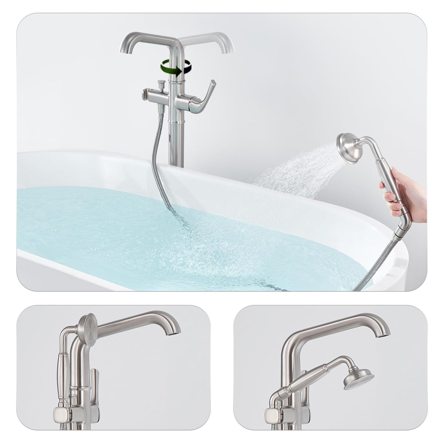 Luxury Free Standing Tub Faucet, Classic Brass Freestanding Bathtub Faucet, Lexdale Bathroom Floor Mount Tub Filler with handheld Sprayer Supply Lines Included Brushed Nickel (LD8911-BN)