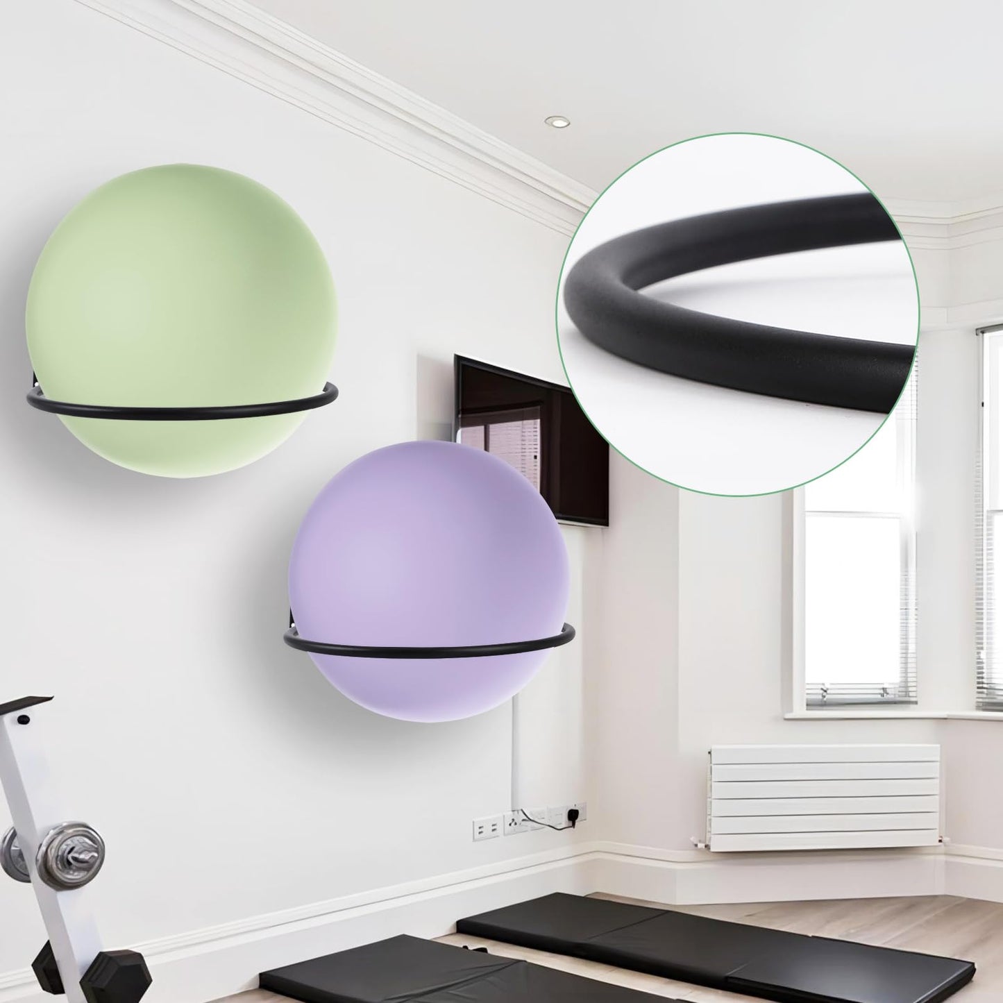 MEIPMQZ Yoga Ball Wall Mount, Exercise Ball Holder Stability Ball Holder for Yoga Balls in Home Gym or Studio(Round -1 Black)