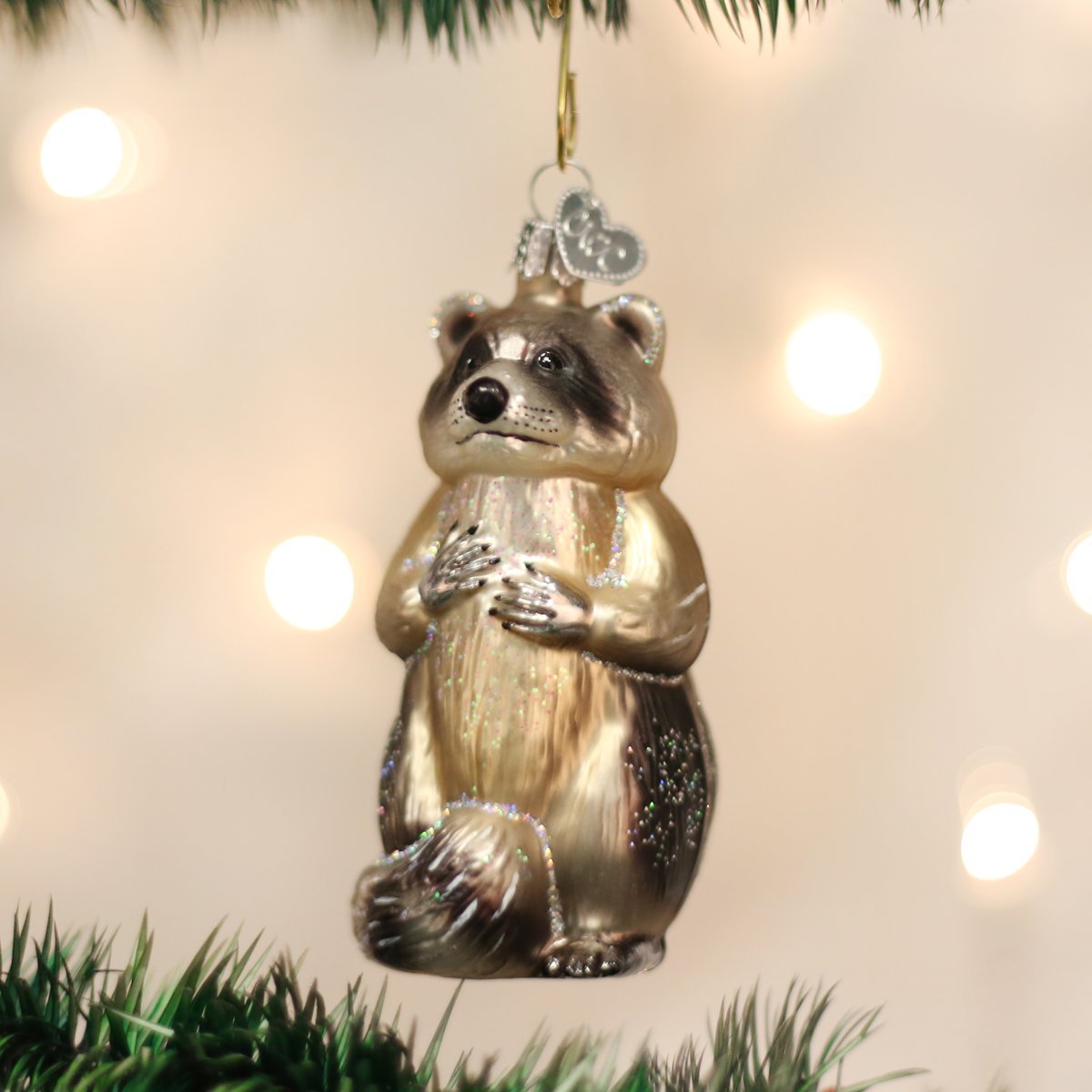 Old World Christmas Raccoon Glass Blown Ornament for Christmas Tree, Handcrafted Holiday Decoration, Wildlife Animal Collection