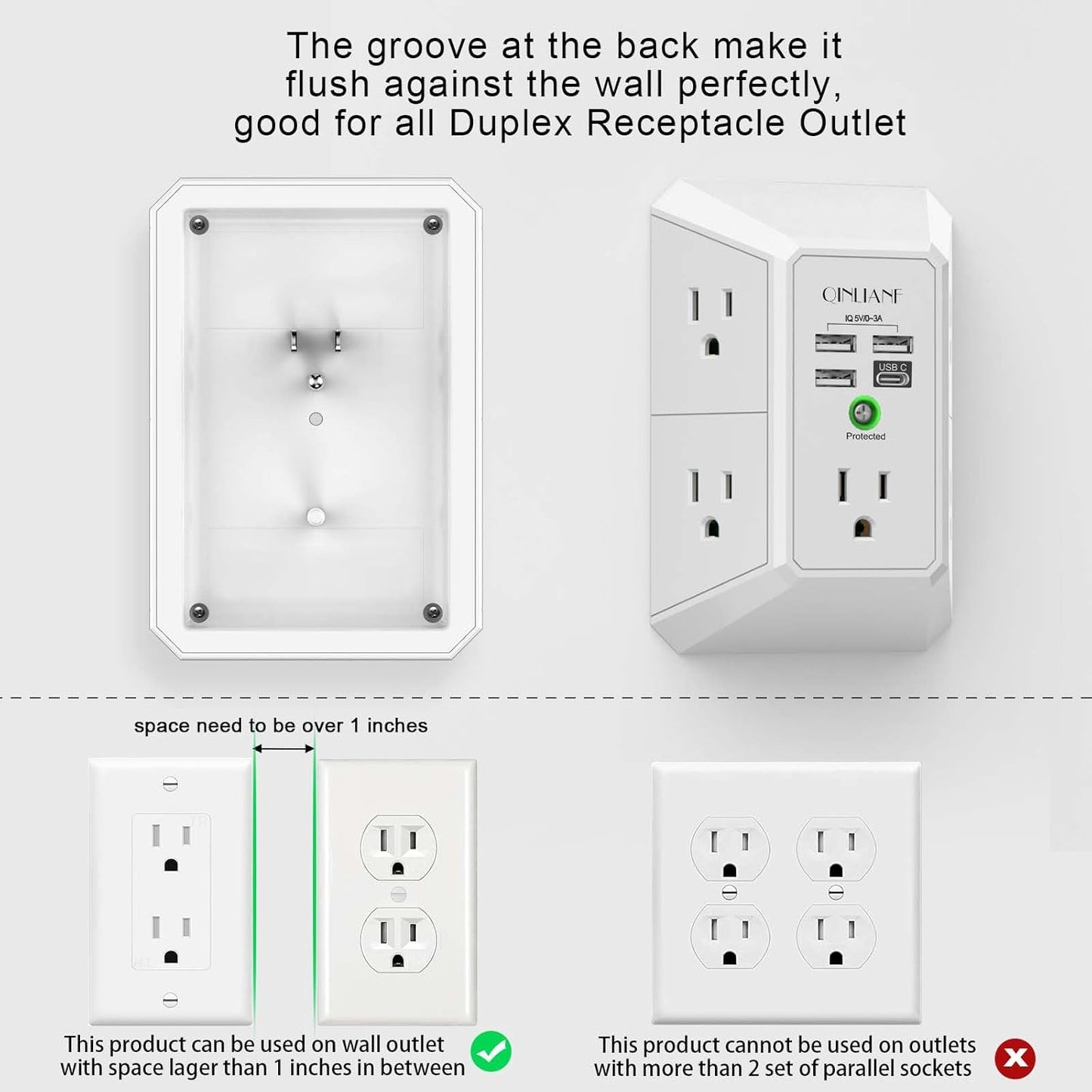 QINLIANF Wall Charger - 5 Outlet Surge Protector with 4 USB Ports | 3-Sided 1680J Power Strip for Home & Office
