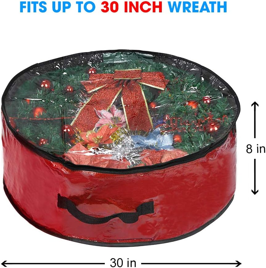 Propik Christmas Wreath Storage Bag - Tear Resistant Holiday Container with Clear Window | 30" X 30" X 8" (Red)