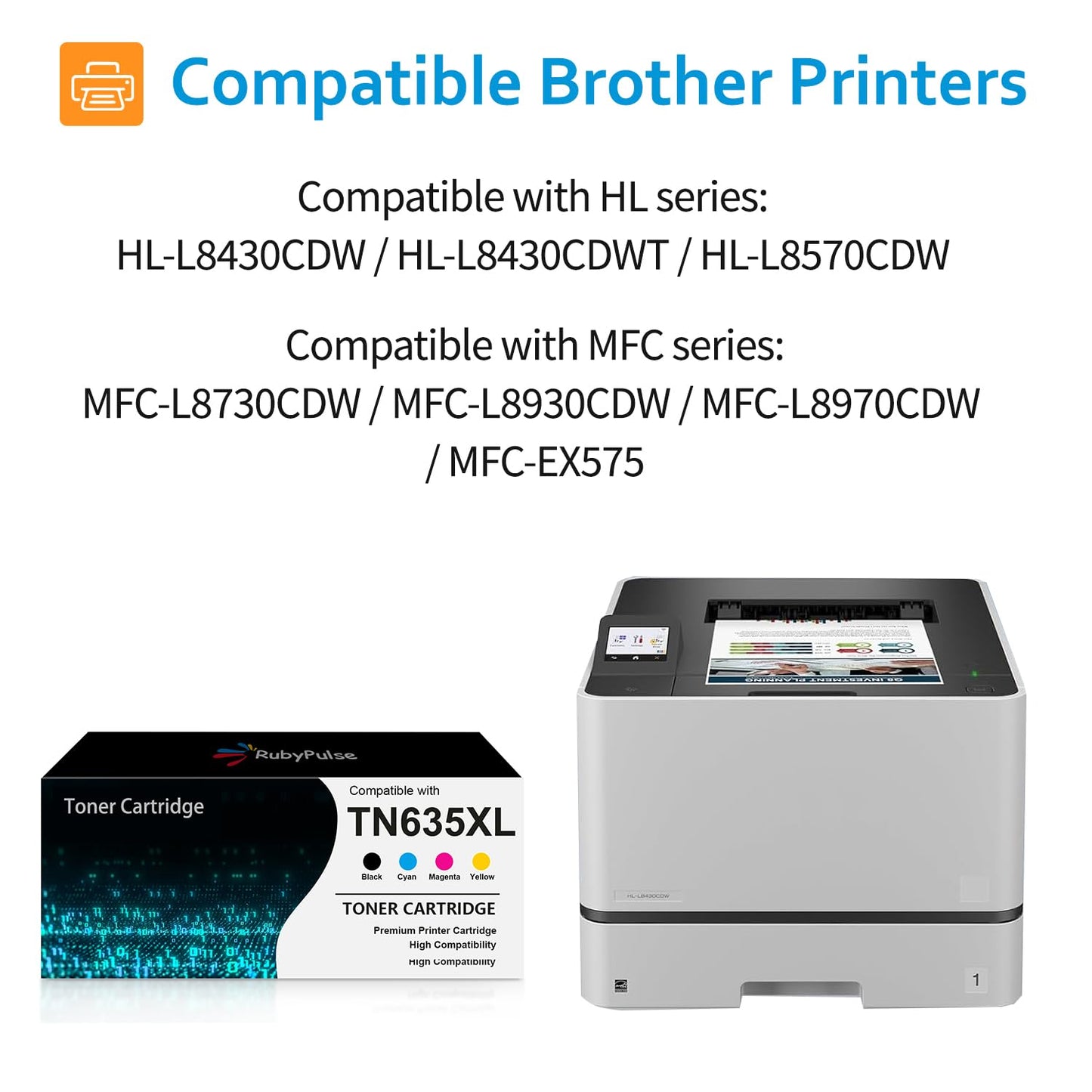 RubyPulse TN635XL TN-635XL 1,9000 High Page Yield TN635 TN635XL Toner Cartridge Compatible for Brother HL-L8430CDW HL-L8430CDWT HL-L8570CDW MFC-L8730CDW MFC-L8930CDW MFC-L8970CDW MFC-EX575 (4 Packs)