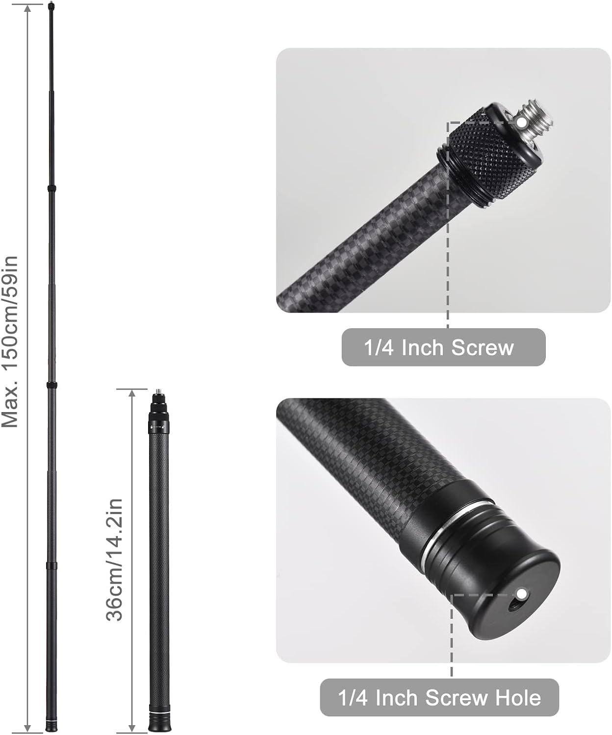 Andoer 1/4 Inch 36cm-150cm/14.2in-59in X2/ X3 Portable Selfie Stick Carbon Fiber Stand Camera Bracket Screw Mount