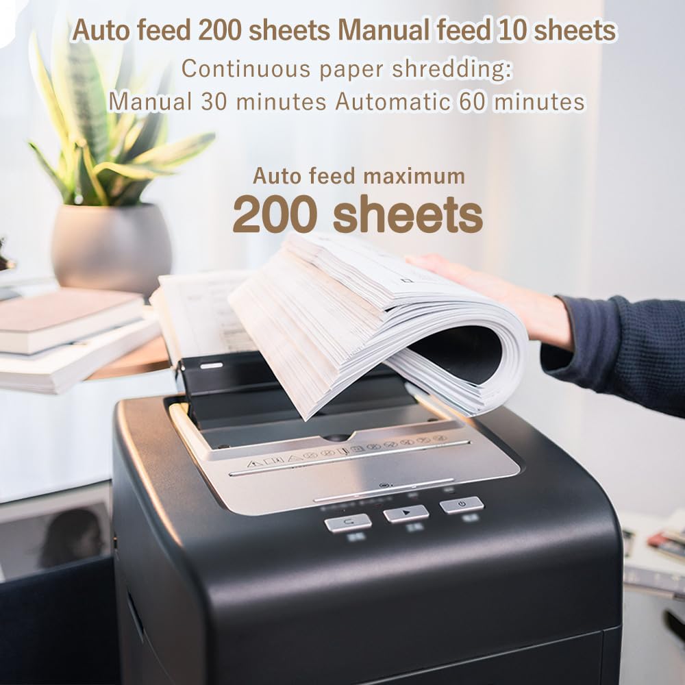 Effeluviate Commercial Autofeed Paper Shredder: 200 Sheets P-5 Micro Cut Shreds CDs/Cards/Staples 60-Min Continuous Run Anti-Jam 9.3 Gal Bin Quiet Heavy Duty for Home Office School Business - Black
