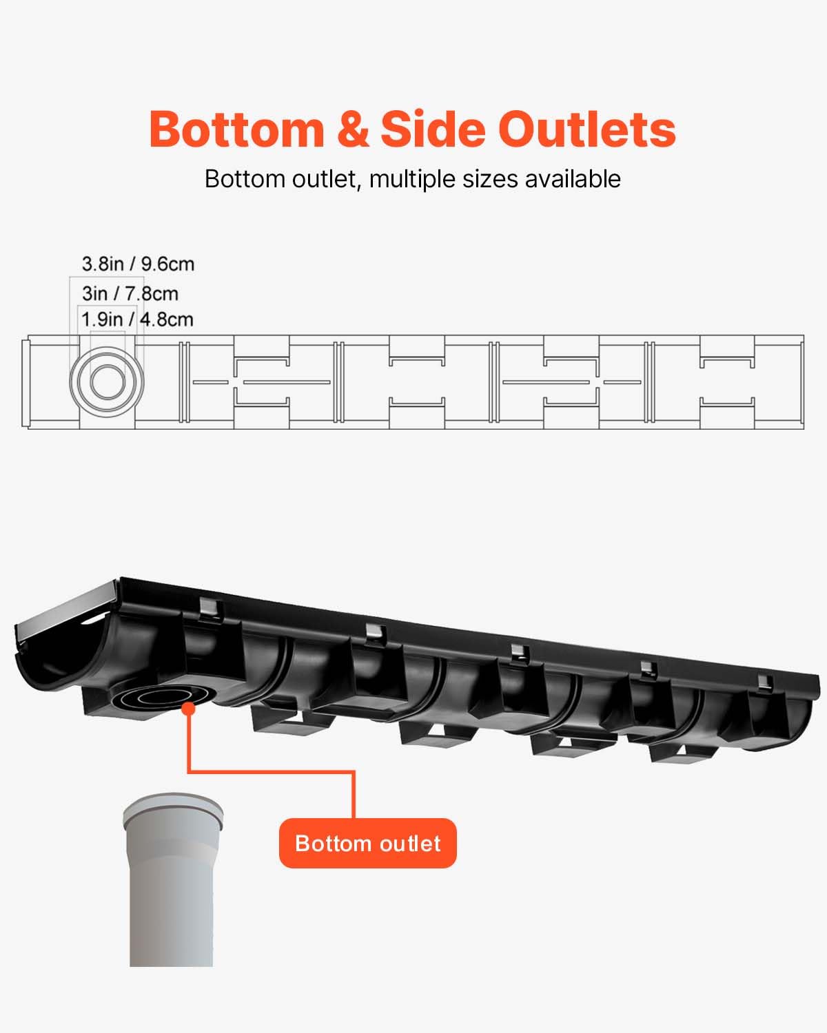 VEVOR Trench Drain System 5 Pack, Channel Drain with Metal Grate 5.7 x 3.1 in HDPE Drainage Trench, Black Plastic Garage Floor Waterway 5 x 39 in with 5 End Caps for Garden Driveway