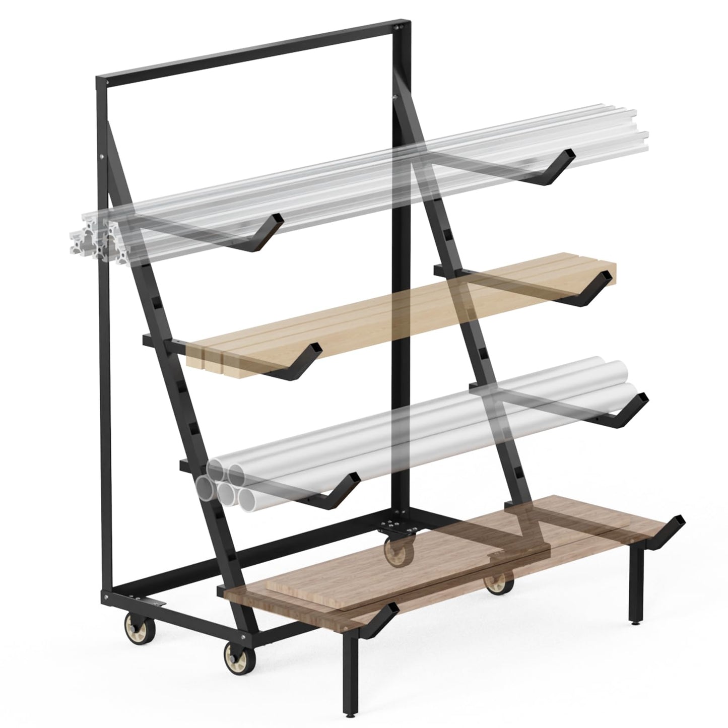 4 Tier Pipe And Lumber Storage Rack - Heavy Duty Pipe Rack With 4IN Swivel Casters And Adjustable Support Bar Weight Capacity Up To 1200LBS, Plywood Storage Shelf For Garage, Workshop And Warehouse