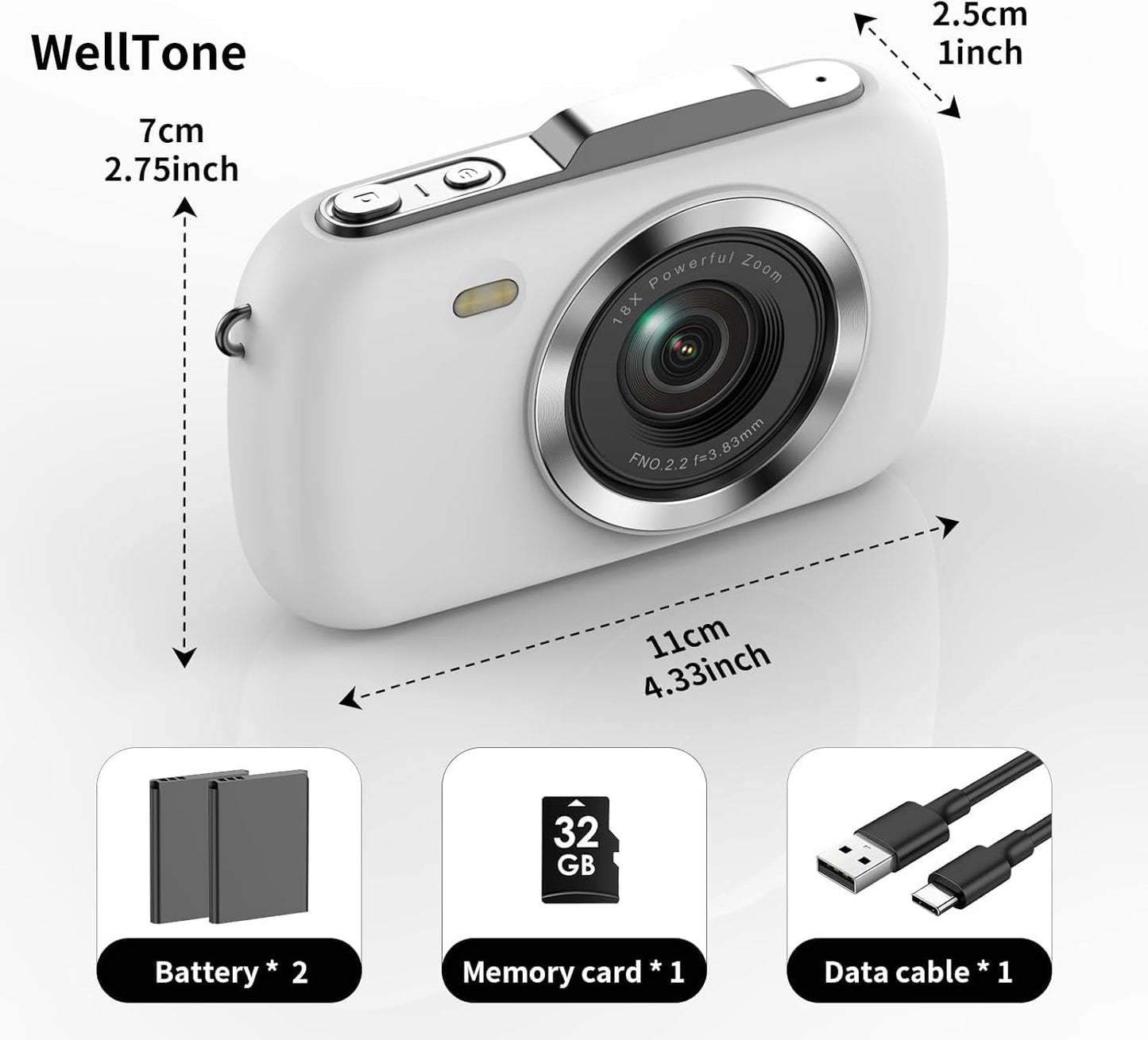KOMERY 4K 64MP 18X 2.8'' WellTone Digital Camera Kids Video Photography Cameras, Compact Zoom Point and Shoot