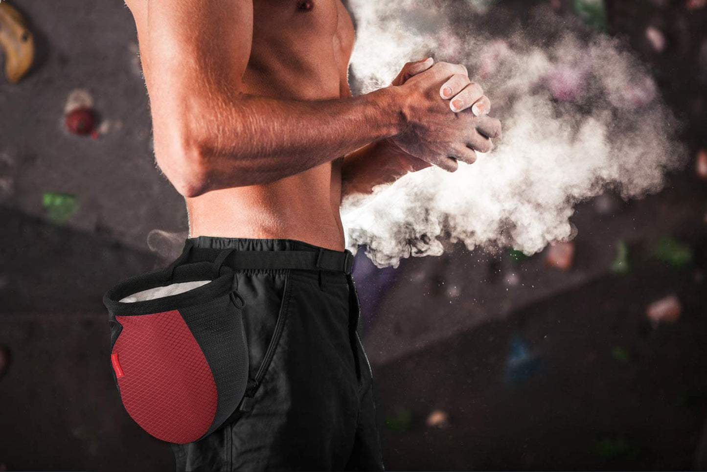 Rhino Valley Climbing Chalk Bag, No Leak Drawstring Chalk Bag with Adjustable Belt, Carabiner Clip and Zippered Pockets Chalk Bag for Rock Climbing, Cross Fit, Weight Lifting & More - Black & Red