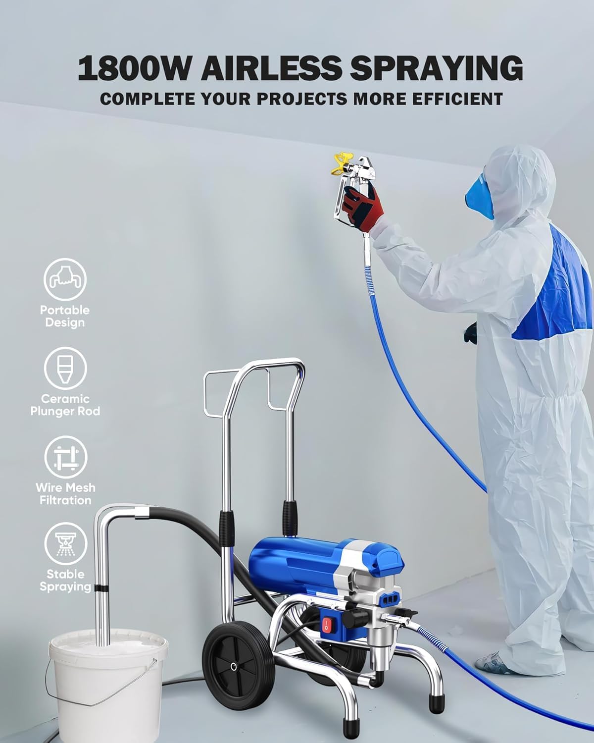 Airless Paint Sprayer, 1800W High Efficiency Electric Paint Sprayer, 3800PSI Cart Thinning-Free Airless Sprayer with Extension Rod and Wheels, for Home, Yard, Garden, Commercial Use