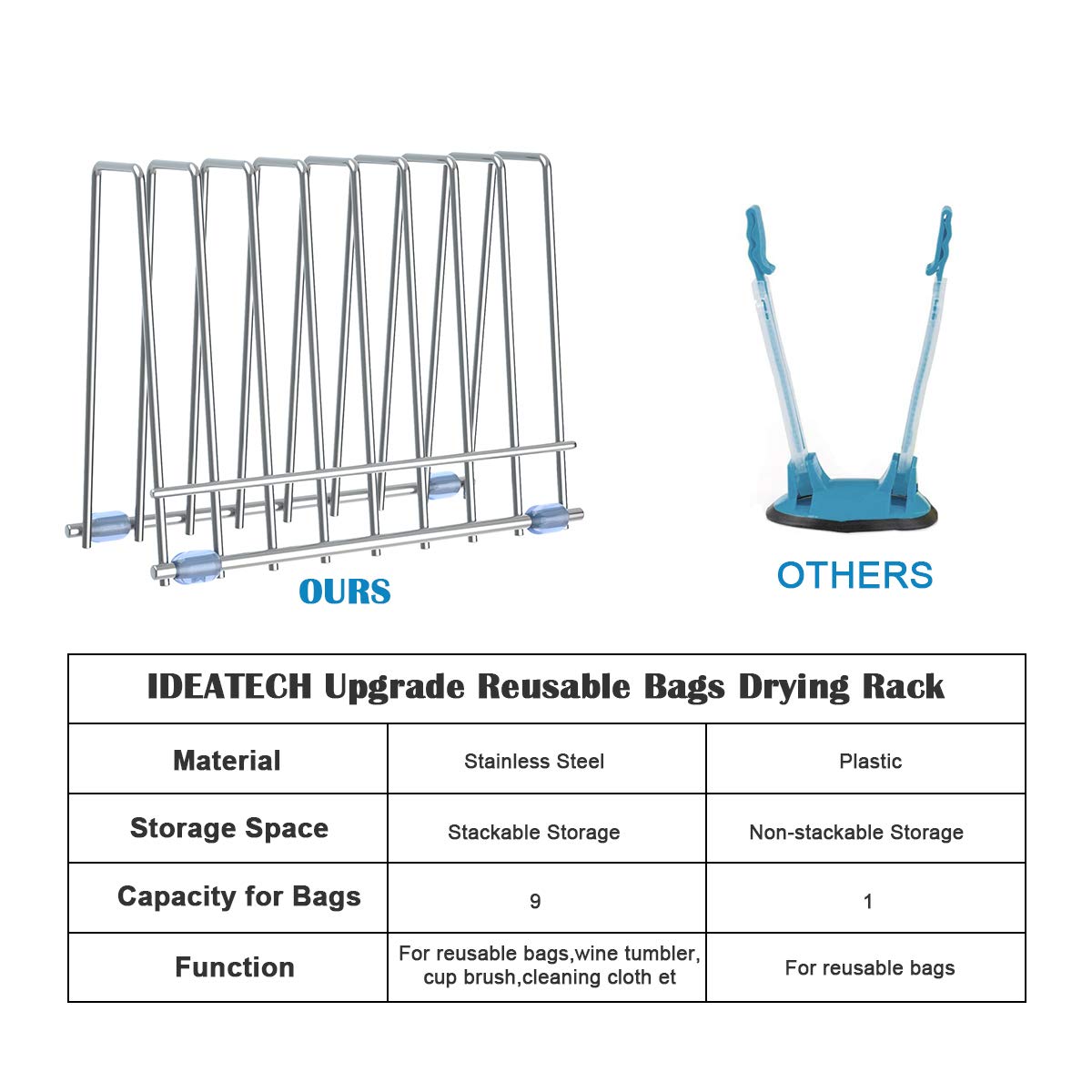 Reusable Storage Bags Rack, Drying Rack for Storage Bags, Stainless Stand for Reusable Freezer Containers & Vacuum Sealer Bags , File Organizer Desktop Storage, Kitchen Storage & Organization (Silver)