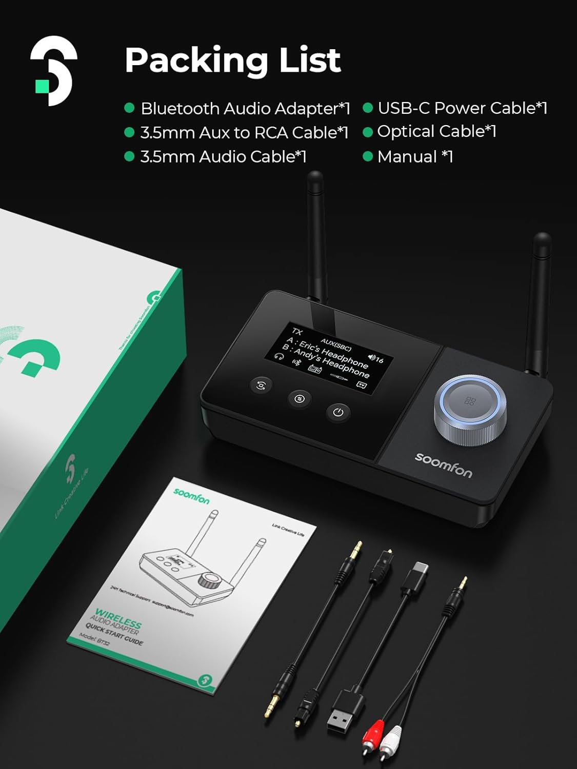 SOOMFON 5.3 3-in-1 2 Dual Antenna Bluetooth Transmitter for TV Bluetooth Receiver to Headphones with LCD Display Volume