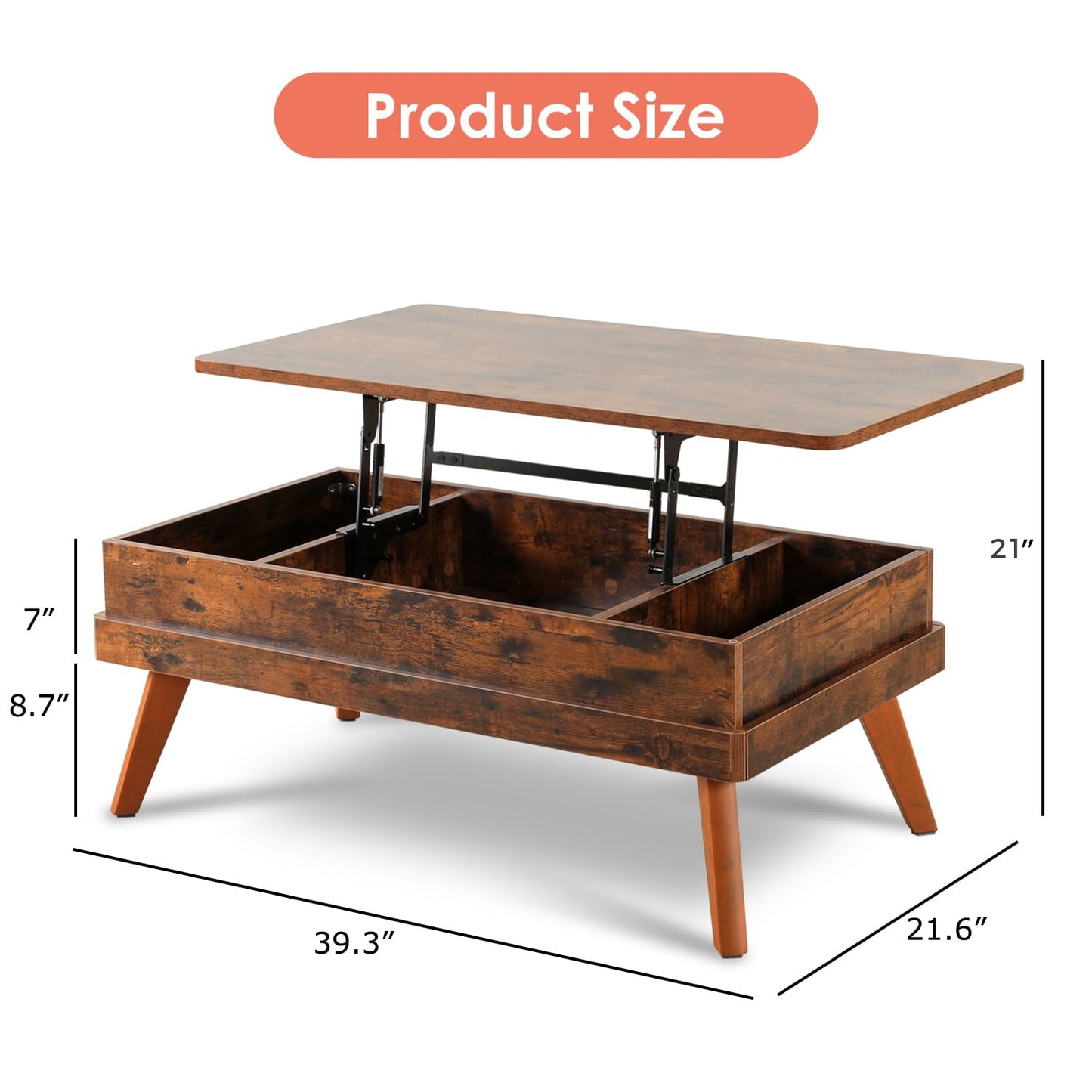 Bidiso Lift Top Coffee Table, Easy-to-Assembly Center Table with Hidden Storage Compartment, Industrial Lift Tabletop Dining Table for Living Room Reception/Home Office, Rustic Brown