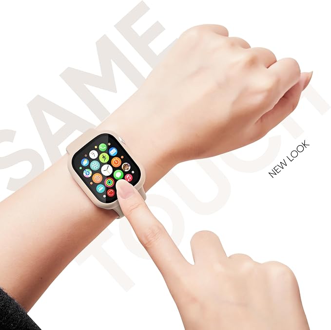 Compatible for Apple Watch Band 44mm 45mm and Case with Screen Protector, Soft Silicone Sport Strap Bands and Protective Cover with Tempered Glass for iWatch Series 9 8 7 SE 6 5 4