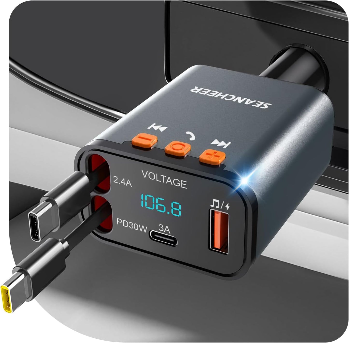 SEANCHEER 69W 2 5.3 MP3 Car Bluetooth Adapter & Car Charger USB C, Cigarette Lighter Adapter with Retractable Cables