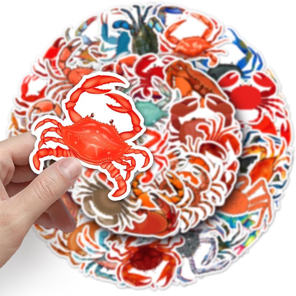 Jukome |50Pcs Crab Stickers Crab Waterproof Vinyl Decals for Water Bottles Laptop Luggage Cup Computer Mobile Phone