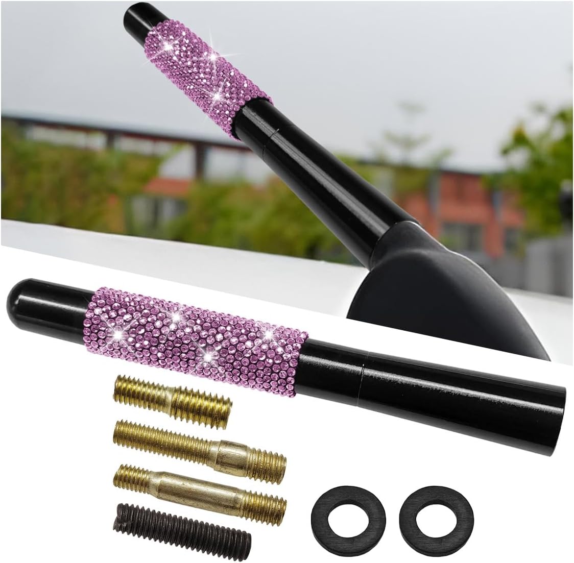 YoRise 4.72" 4 2 Bling Rhinestone Short Car Antenna, Aluminum Alloy Roof Signal Antennas with Screws & Gaskets, Car