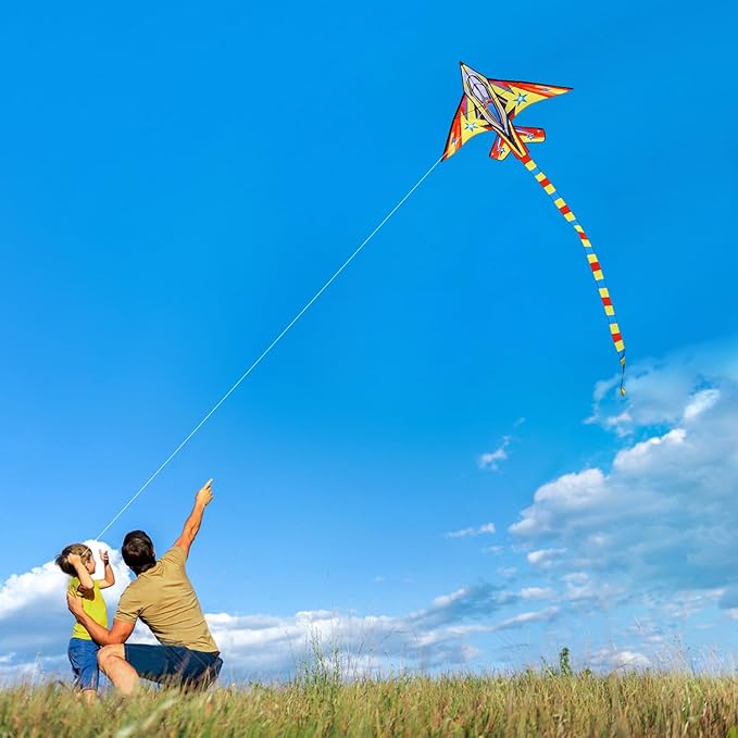HONBO 58" Fighter Plane - Kite for Kids & Adults, Easy to Fly, Beach Trip Beginner Kite with Reel and 200ft String