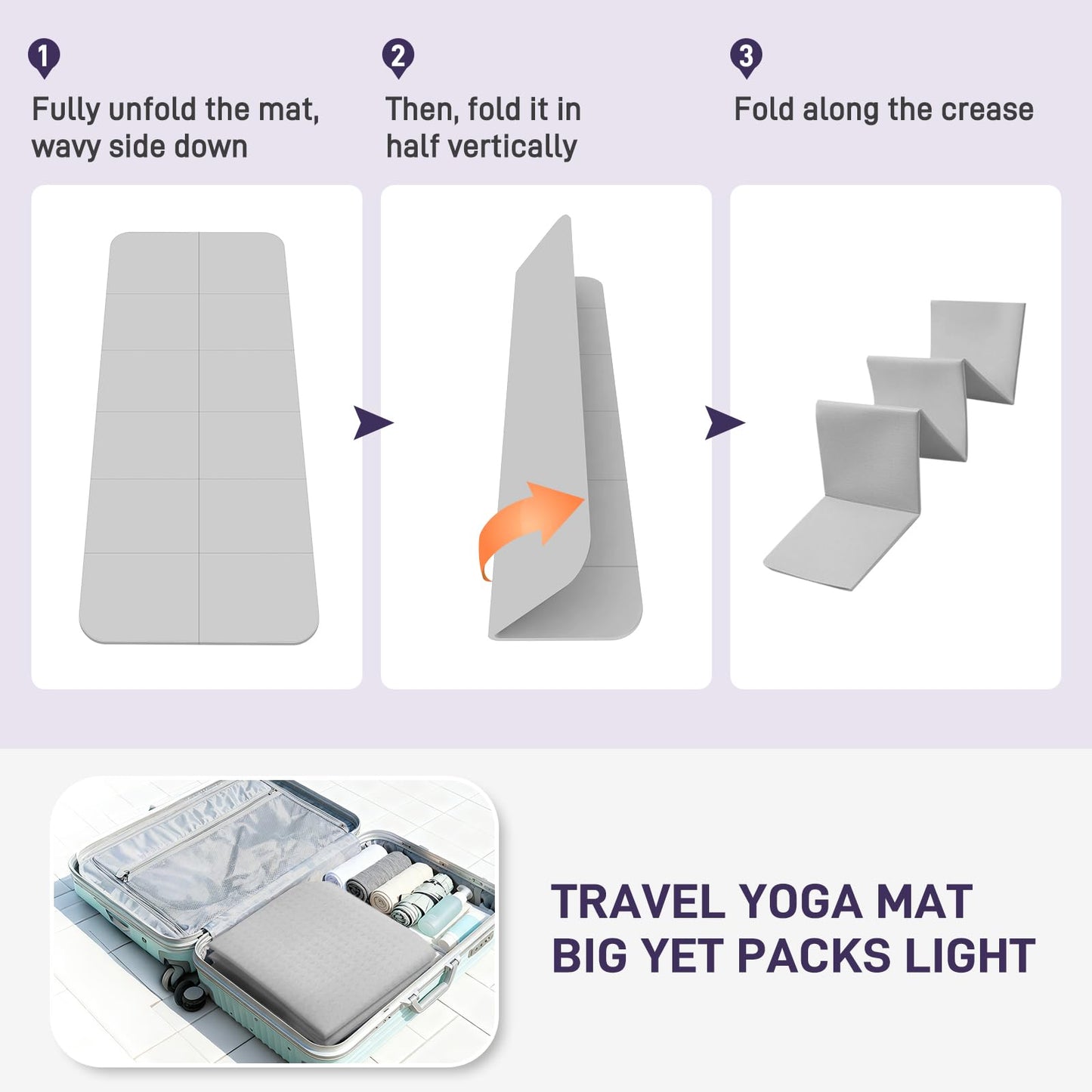 Kanonmaori Foldable Yoga Mat for Travel 72"x 32"x 0.32"Inch, 8mm Thick Folding Exercise Mat, Outdoor Non-slip Pilates Mat for Women & Men, Wide Yoga Mat Packable for Workout and Fitness（grey）