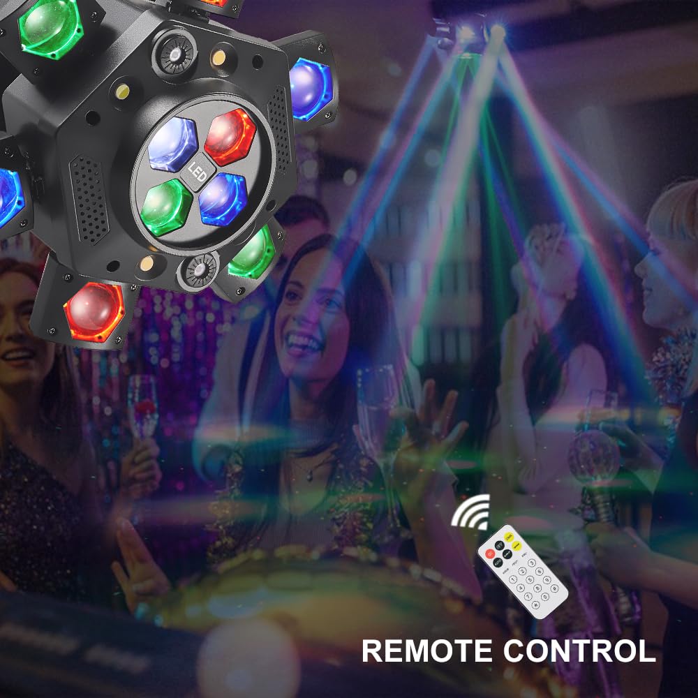 Moving Head DJ Lights, Olaalite 150W LED Stage Light 4-in-1 RGBW with 6 Arms Beam, Bee-Eyes Effect, Red Green Starry, White & Amber Strobe, Perfect DJ Stage Lighting for Party Disco Club Wedding Bar