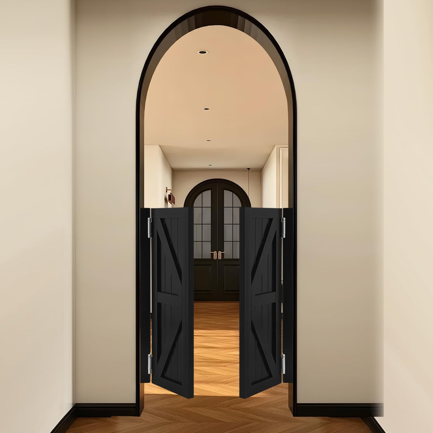 Solid Wood Swinging Saloon Cafe Doors, 180°Auto Close Partition Doors, Interior Double Panel Pine Wood Swing Door with Hinges for Kitchen Bar Pub Entrance Hallway Restaurant (Black, 27.55 * 35.43in)
