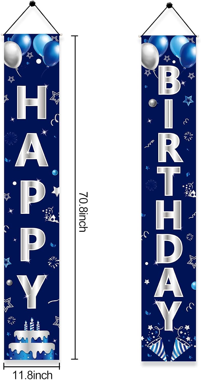 Turypaty Happy Birthday Door Banner - Blue & Silver Decorations for Men & Boys | Perfect for All Ages
