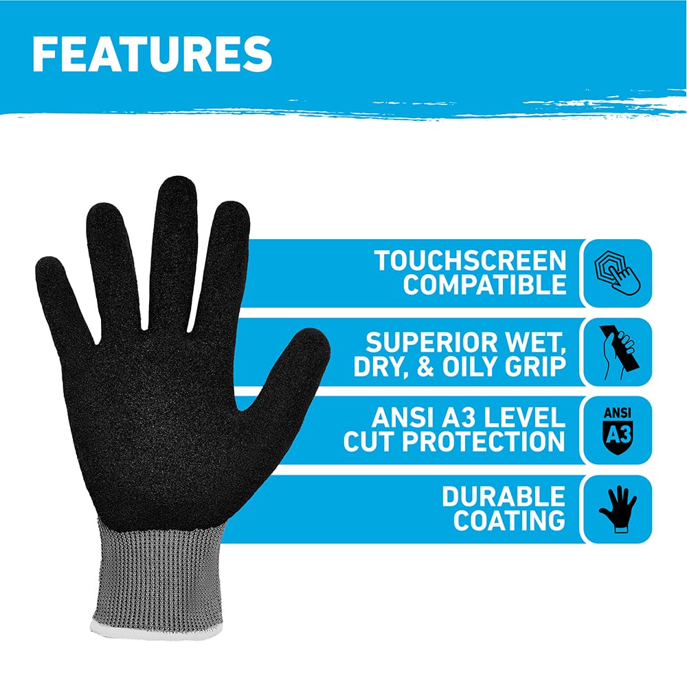 Gorilla Grip A3 Cut Resistant Work Gloves, Touschreen Compatible Safety Gloves, Breathable, Nitrile Coated, Grey - Medium (12 Pack)