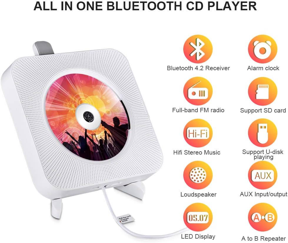 Qoosea MP3 Portable CD Player with Bluetooth, Wall Mountable CD Players Music Player Home Audio Boombox with Remote