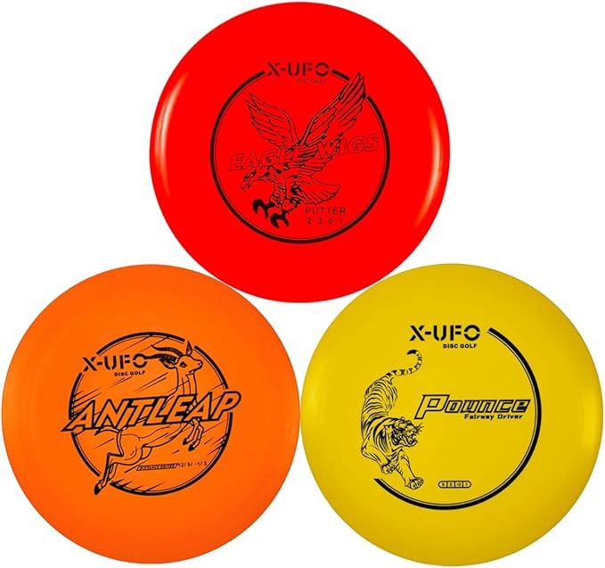 X-UFO Disc Golf Set - Dual Driver Set - Putter and Dual Driver Windcutter Set. Includes 1 Putter and 2 Drivers. Weight: 157-175 Grams. Suitable for Intermediate disc Golfers.