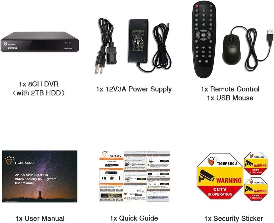 TIGERSECU Super HD 1080P 8 Channel DVR Security Recorder with 2TB Hard Drive, Hybrid 6-in-1 CCTV DVR Recorder Compatible with 2MP and 5MP TVI, AHD, CVI, CVBS, RS485 PTZ and IP Security Cameras
