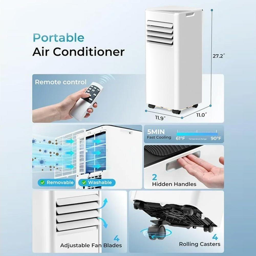 10000 BTU Portable Air Conditioner for 450 Sq.Ft, 3-in-1 AC Unit with Remote & LED Display, Quiet Cooling, Fan, Dehumidifier, Window Kit for Bedroom Home Office Dorm
