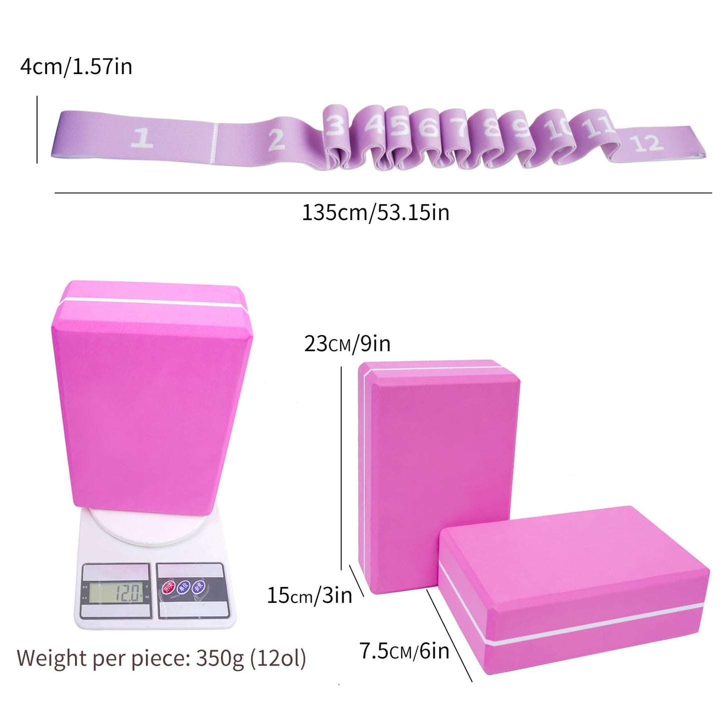 Yoga Blocks Set of 2 with 12 Loop Stretch Band and Carry Bag, Heavier High Density EVA Foam Yoga Blocks for Yoga, Pilates, Stretching, Flexibility Training, Ballet Warm Up, Dance and Home Workouts Set
