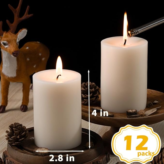 Ivory Pillar Candles ??2.8x4 Unscented Candle Set of 12 ??Dripless, Smokeless, and Clean Burning Household Large Decorative Table Candles ??Perfect for Weddings, Parties, Dinners