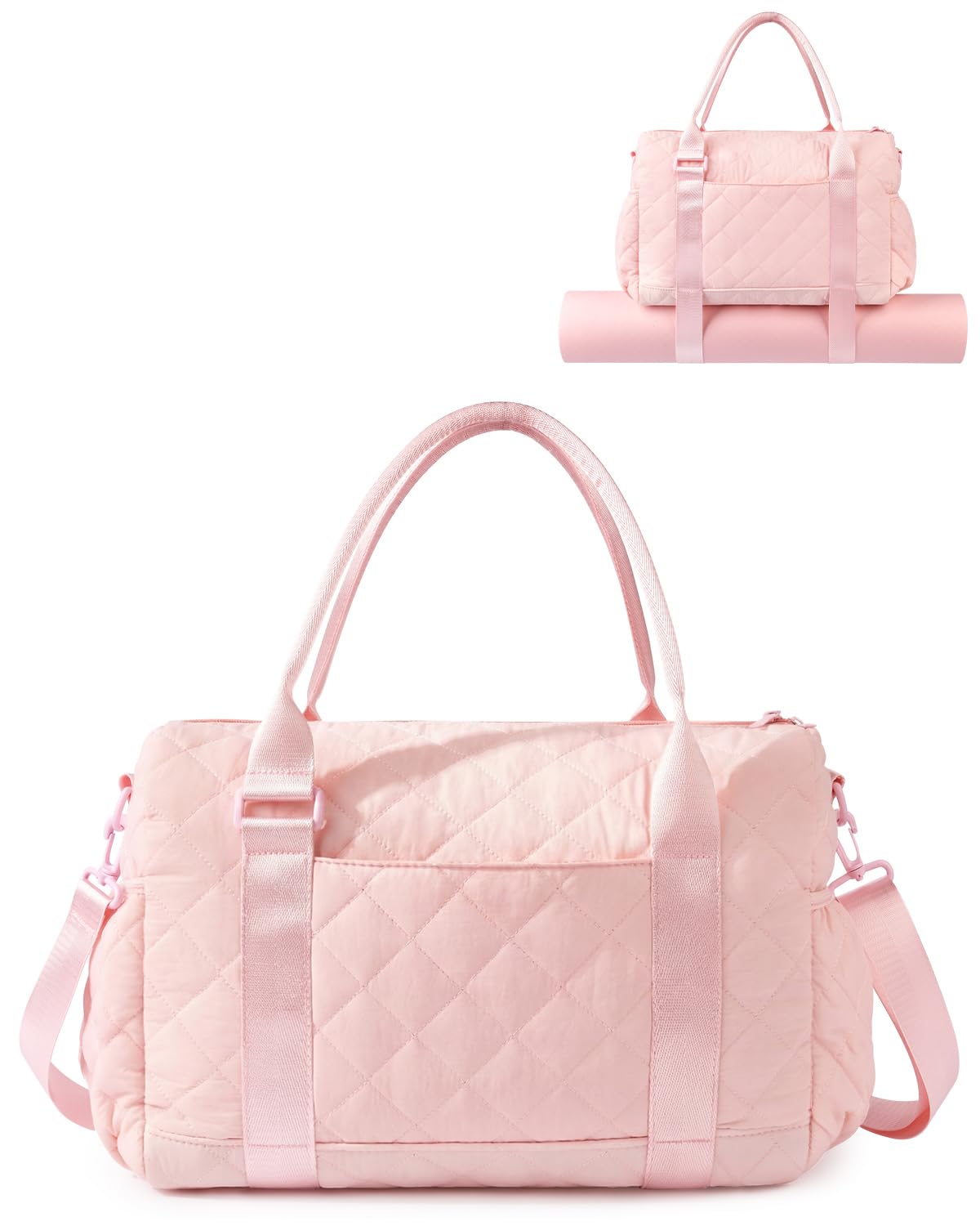 KUIRAN Gym Bag for Women with Yoga Mat Holder, Small Mini Gym Tote Bag Puffy Quilted Lightweight Sports Duffel Bag with Wet Compartment for Dance Yoga Workout Travel - Pink