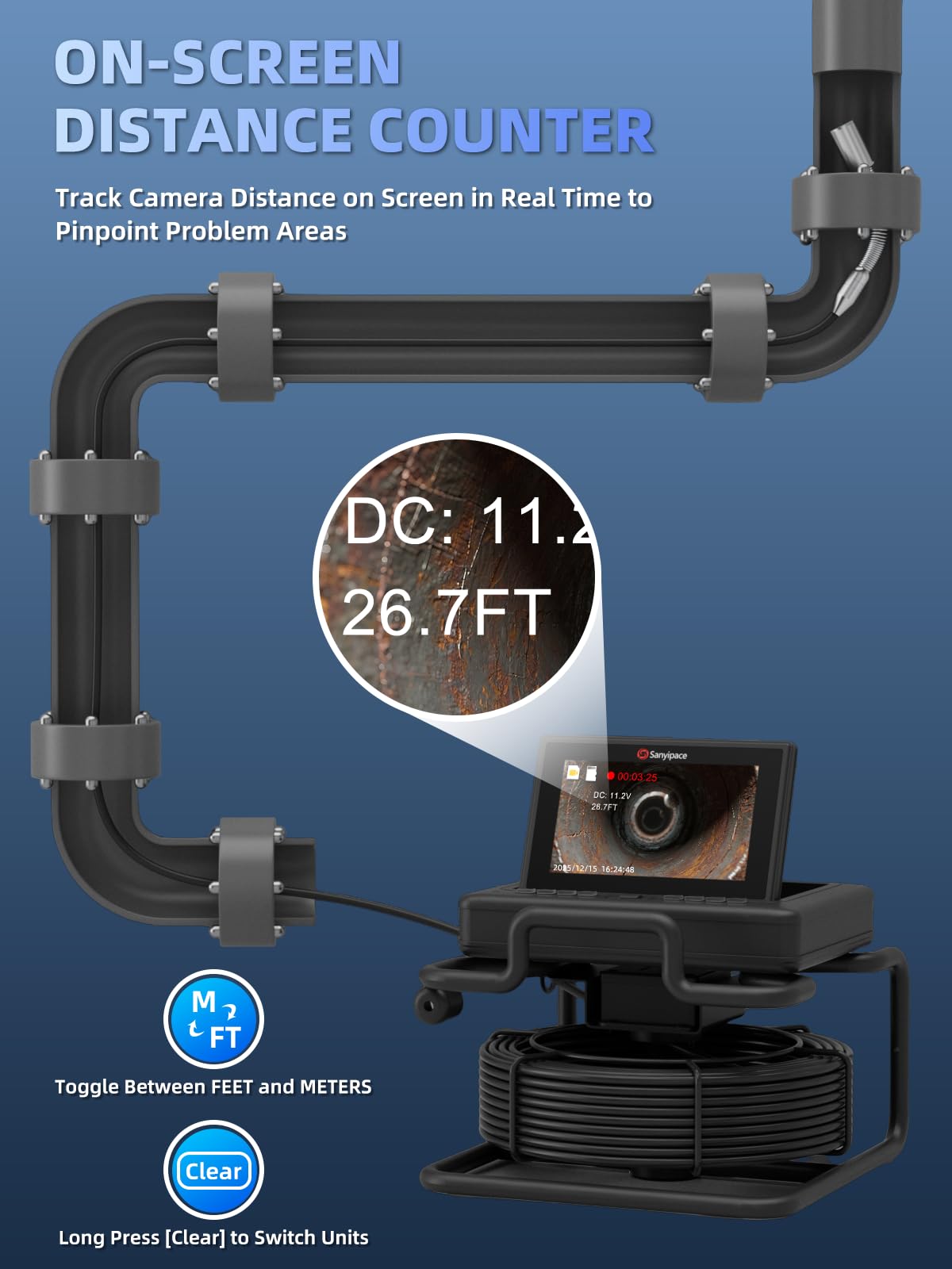 Sanyipace Sewer Camera 66FT/20M,7" IPS Pop-up Screen,20X Digital Zoom,Waterproof Drain Camera with Distance Counter,Plumbing Camera with MIC & Speaker,32GB Card for Sewer Line Plumbing Inspection