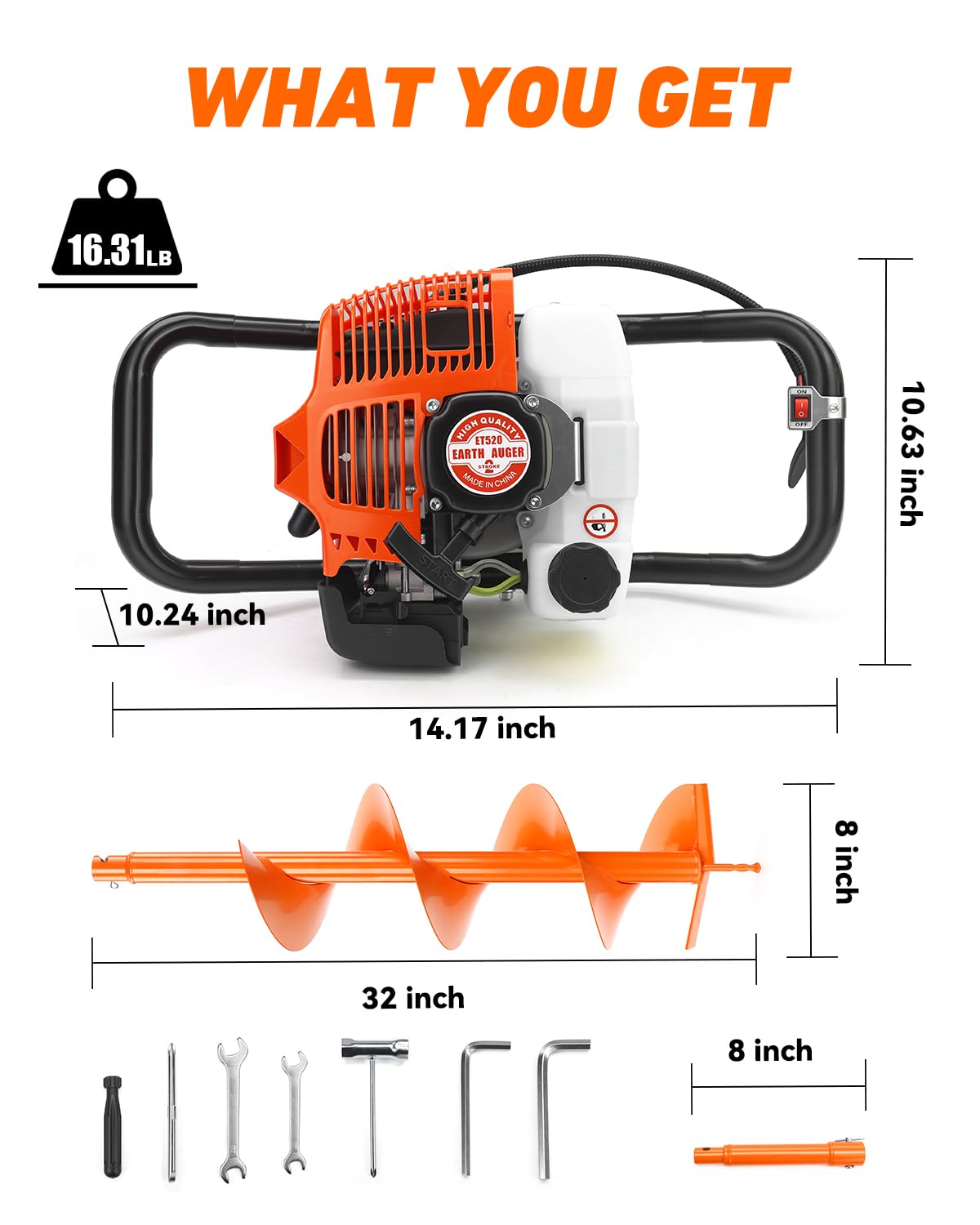 NEO-TEC 63CC Post Hole Digger Auger Drill Gas Powered 2-Stroke & 8" Drill Bits + 1 Extension Bar, Earth Auger Petrol Drill Borer for Garden Lawn Auger Drill Bit for Planting