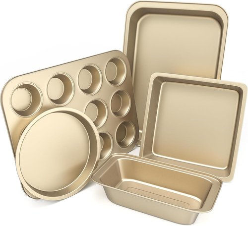 CasaCulina Nonstick Baking Pans Set - 5-Piece Bakeware with Round, Square, Muffin & Loaf Pans | Gold Finish