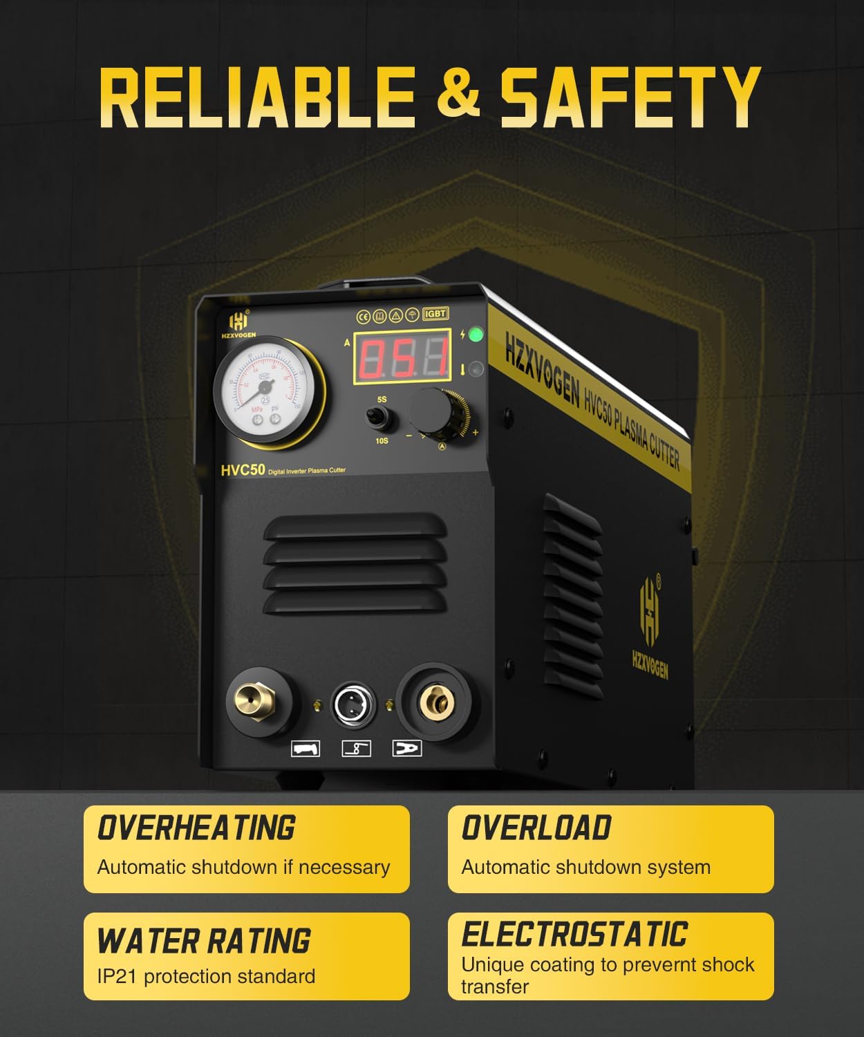 H HZXVOGEN Plasma Cutter with 400A G Style Earth Clamp, 50A Portable Plasma Cutter with Post Flow, 110/220V Dual Voltage Digital Display DC IGBT Inverter HF Air Plasma Cutting Machine