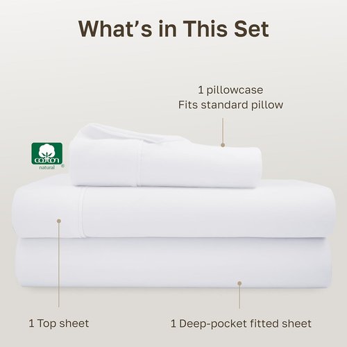 California Design Den Twin Sheet Set - 100% Cotton, 400 Thread Count, Silky Smooth Sateen - White