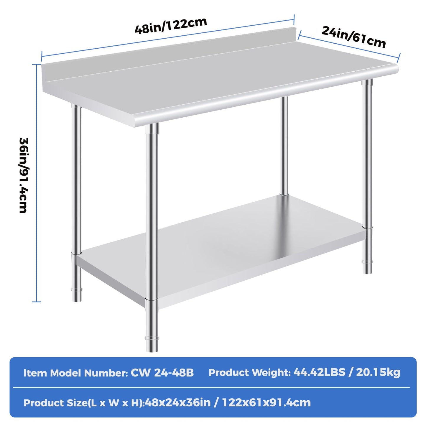 OSTBA Stainless Steel Table for Prep & Work 24x48 Inches with Backsplash, NSF Metal Commercial Heavy Duty Table with Adjustable Undershelf and Foot for Restaurant Kitchen Home and Hotel