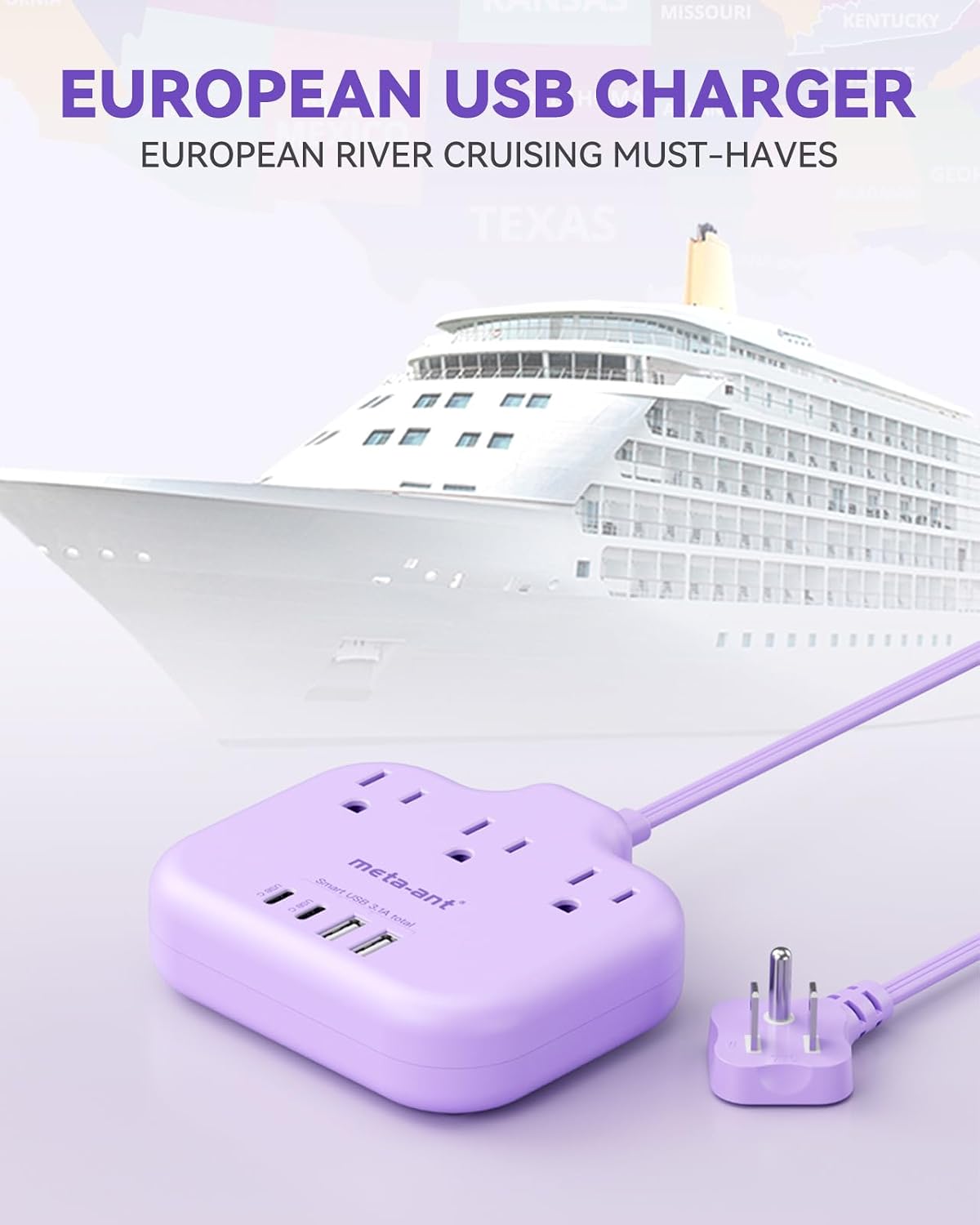 meta-ant 3 4 USB(2 1625W Purple Extension Cord with AC Outlets and USB-C) Ports, Purple Travel Power Strip, Cute Kawaii
